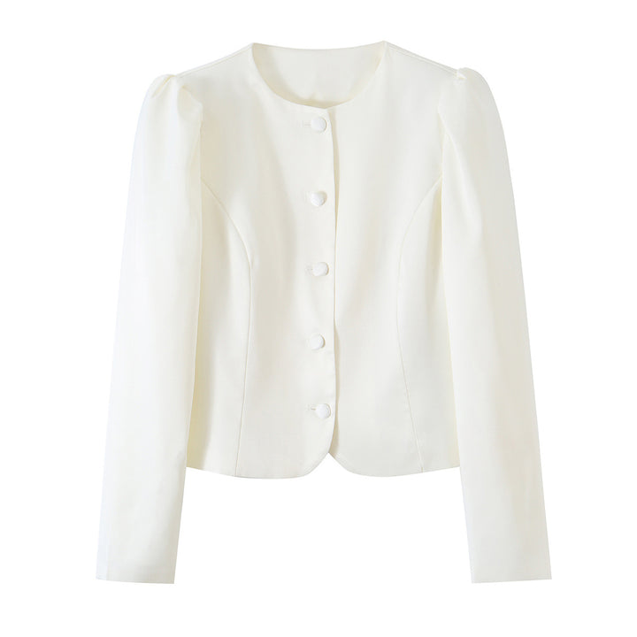 Women's Tailored Short Blazer with Puff Sleeves and Covered Buttons Mune Fashion