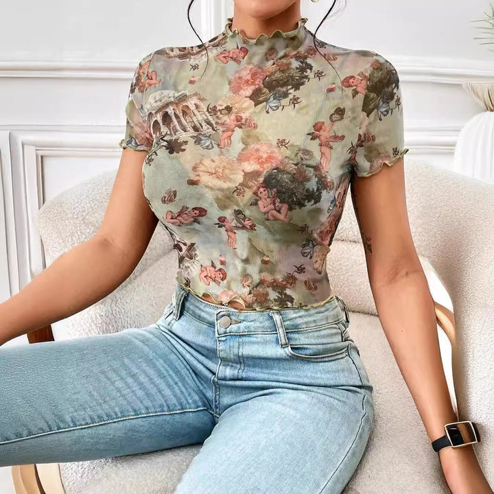 Women nan figure-hugging transparent mesh top with baroque angel print, stand collar and ruffled hem Mune Fashion