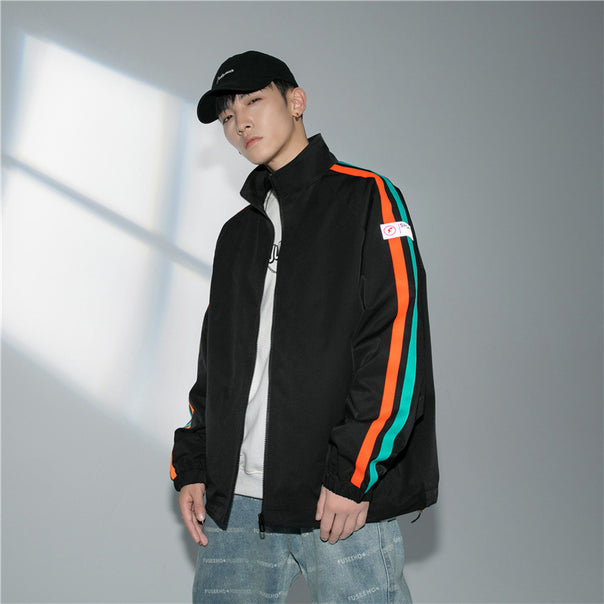 Men's Loose Fit Track Jacket with Stand-Up Collar, Contrasting Stripe Sleeves, and Elastic Cuffs