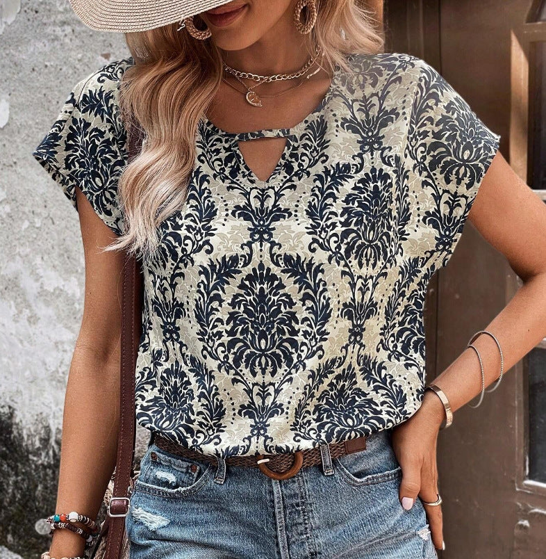 Women's Casual Short Sleeve Viscose Top with Keyhole Neckline and Baroque Pattern Mune Fashion