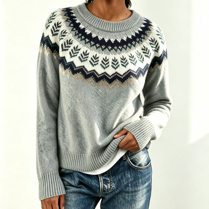 Women Round Neck Norwegian Sweater with Fair Isle Jacquard Mune Fashion