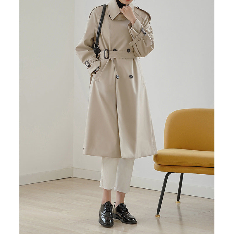 Women Lightweight Knee-Length Double-Breasted Trench Coat Made of Cotton Blend with Epaulettes and Buckle Cuffs Mune Fashion