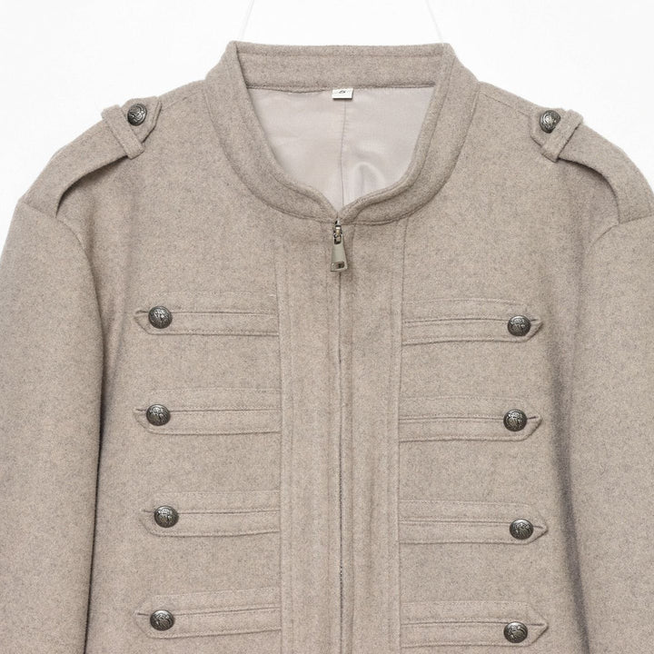 Women's Short Jacket Military-inspired Wool Blend Cropped Jacket with Stand Collar, Epaulettes and Decorative Button Placket Mune Fashion