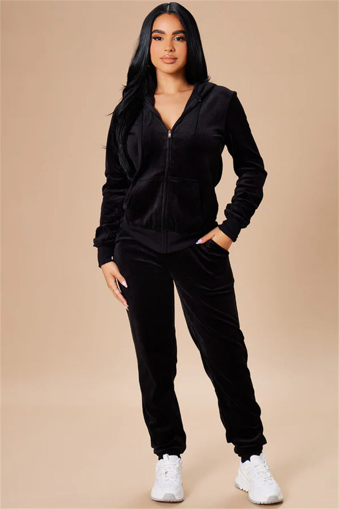 Ladies slim-fitting velour two-piece with hood zip and tailored drawstring jogging pants Mune Fashion