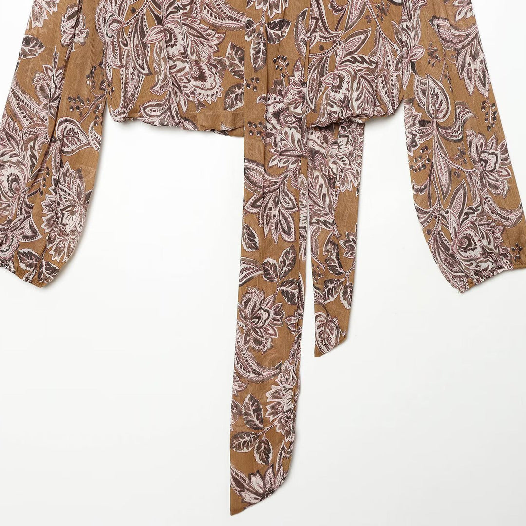 Women Printed Wrap Blouse with Shawl Collar and Balloon Sleeves Mune Fashion