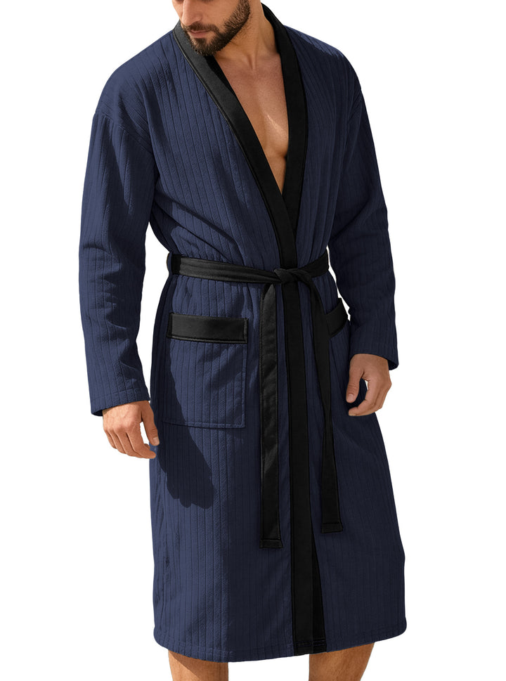 Men's knee-length ribbed kimono-style bathrobe with shawl collar and contrast piping Mune Fashion