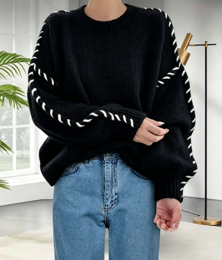 Women's Oversize Knit Sweater with Decorative Cord Braid on Sleeves Mune Fashion