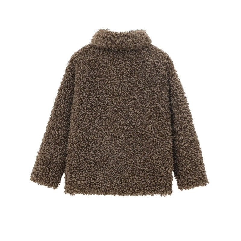 Women's Oversized Faux Fur Teddy Jacket with Shawl Collar and Lined Interior Mune Fashion