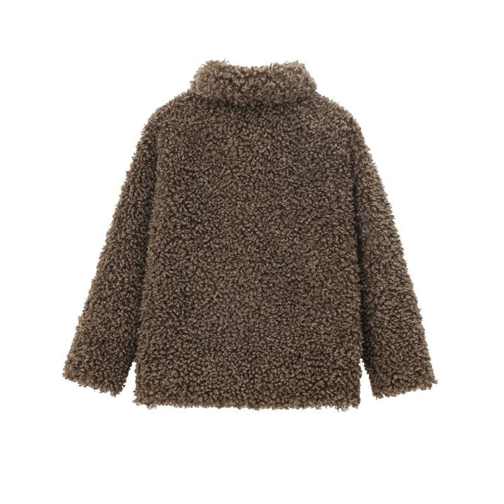 Women's Oversized Faux Fur Teddy Jacket with Shawl Collar and Lined Interior Mune Fashion