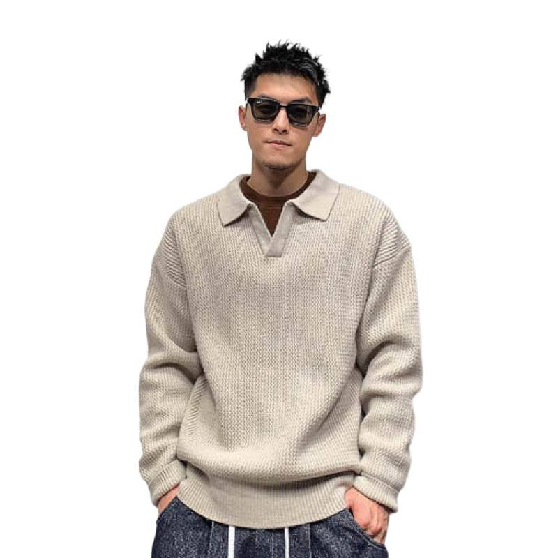 Men's Coarse Mesh Polo Collar Sweater with Concealed Half Placket and Ribbed Hem Mune Fashion