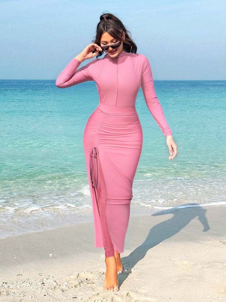 Ladies elegant sporty swimsuit with high collar and side gathering Mune Fashion