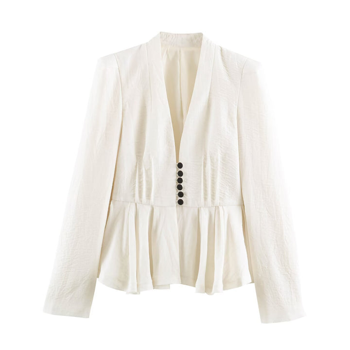 Women Tailored Blazer Jacket with Deep V-Neck, Peplum and Decorative Button Placket Mune Fashion