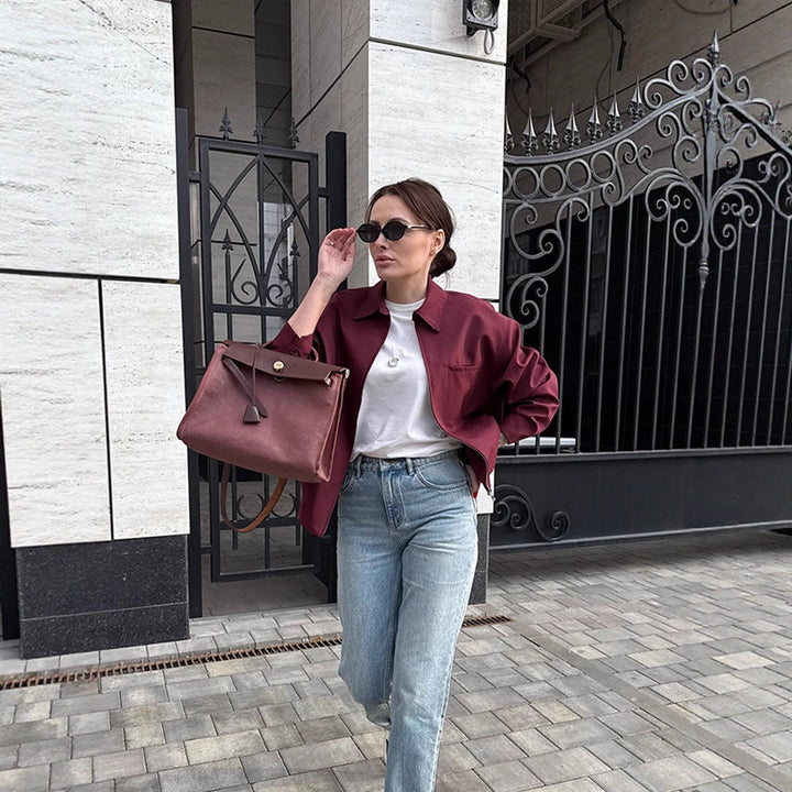 Women's lightweight twill transition jacket with shirt collar, concealed zipper, and boxy silhouette Mune Fashion