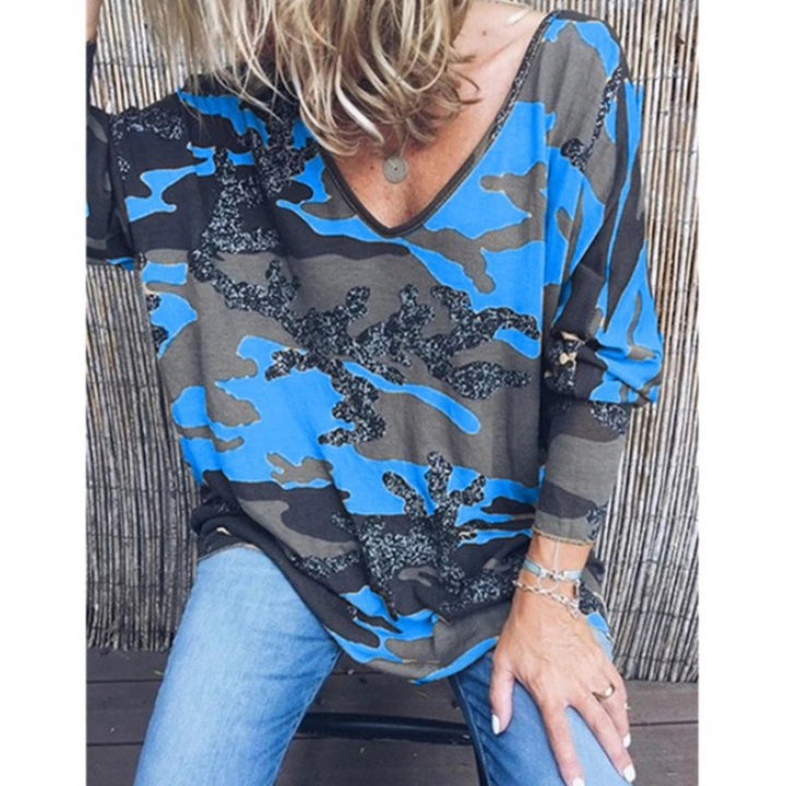 Women's Oversize V-Neck Long Shirt with Camouflage Print and Glitter Trim Mune Fashion