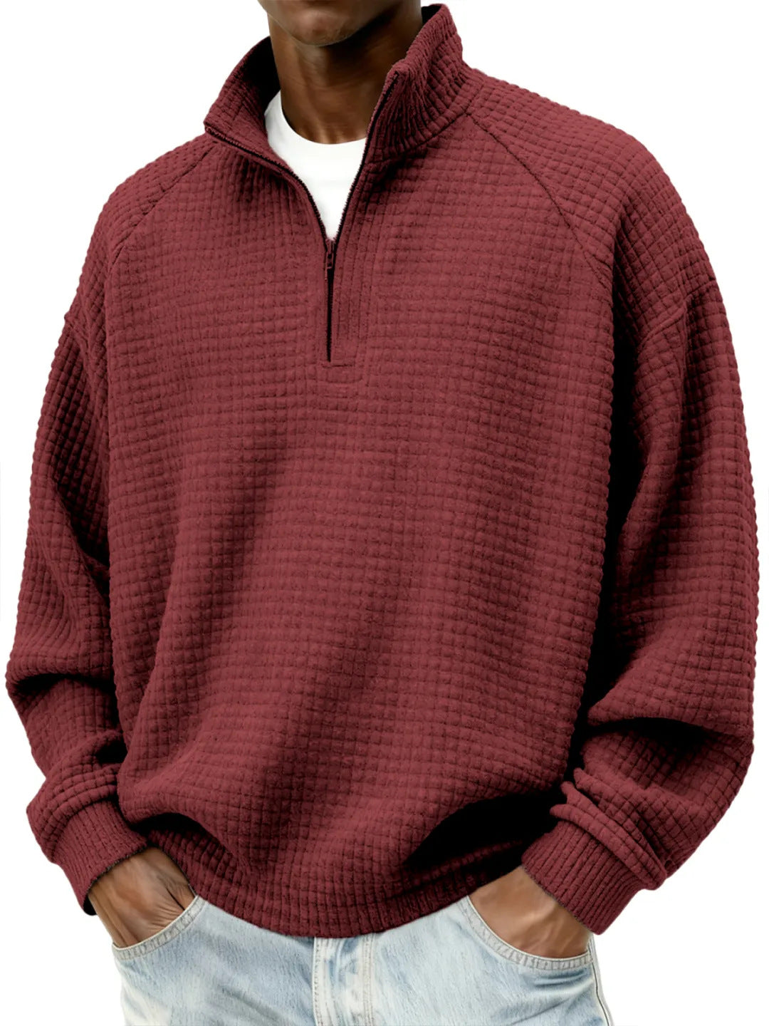 Men's Waffle Knit Oversized Sweater with Half-Zip and Stand-Up Collar Mune Fashion