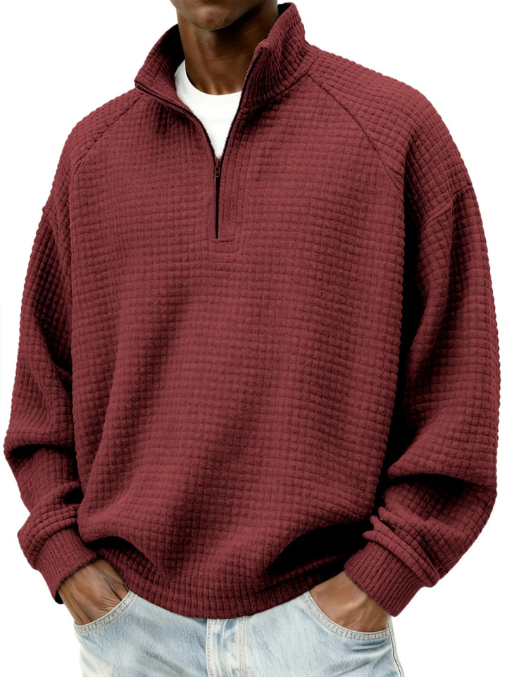 Men's Waffle Knit Oversized Sweater with Half-Zip and Stand-Up Collar Mune Fashion