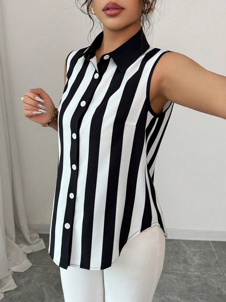 Women's Sleeveless Shirt Blouse with Kent Collar, A-Line Silhouette and Concealed Button Placket Mune Fashion
