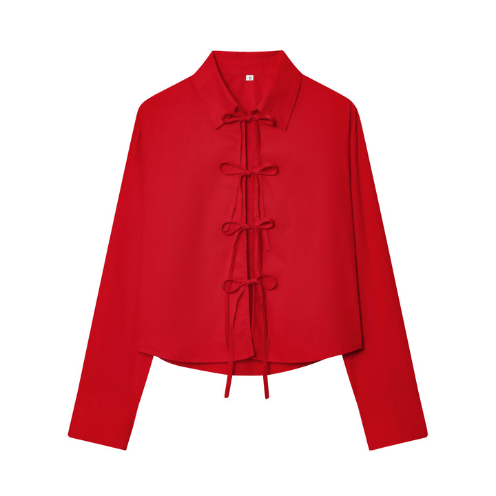 Women's striped blouse with tie front, shirt collar, and wide cuff sleeves Mune Fashion