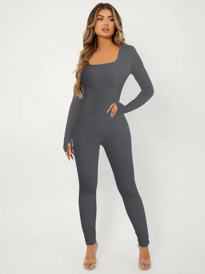 Women's Ribbed Skinny Jumpsuit with Square Neckline, Long Sleeves and Thumbhole Mune Fashion