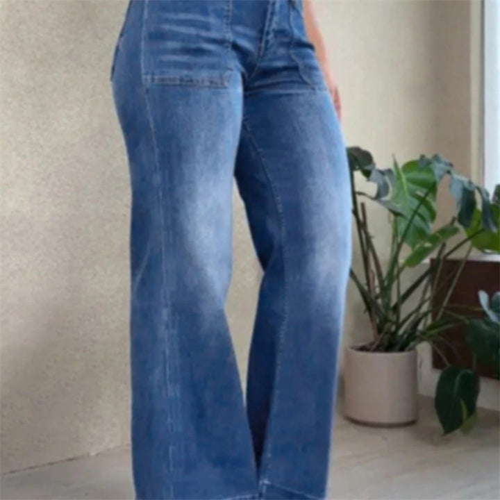 Women High-Waisted Denim Jeans with Wide Flared Legs and Patch Front Pockets Mune Fashion