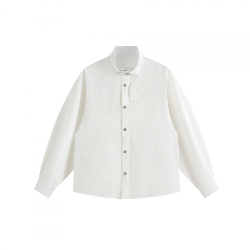 Unisex Boxy Overshirt with Stand Collar, Tie Loop and Snap Button Placket Mune Fashion