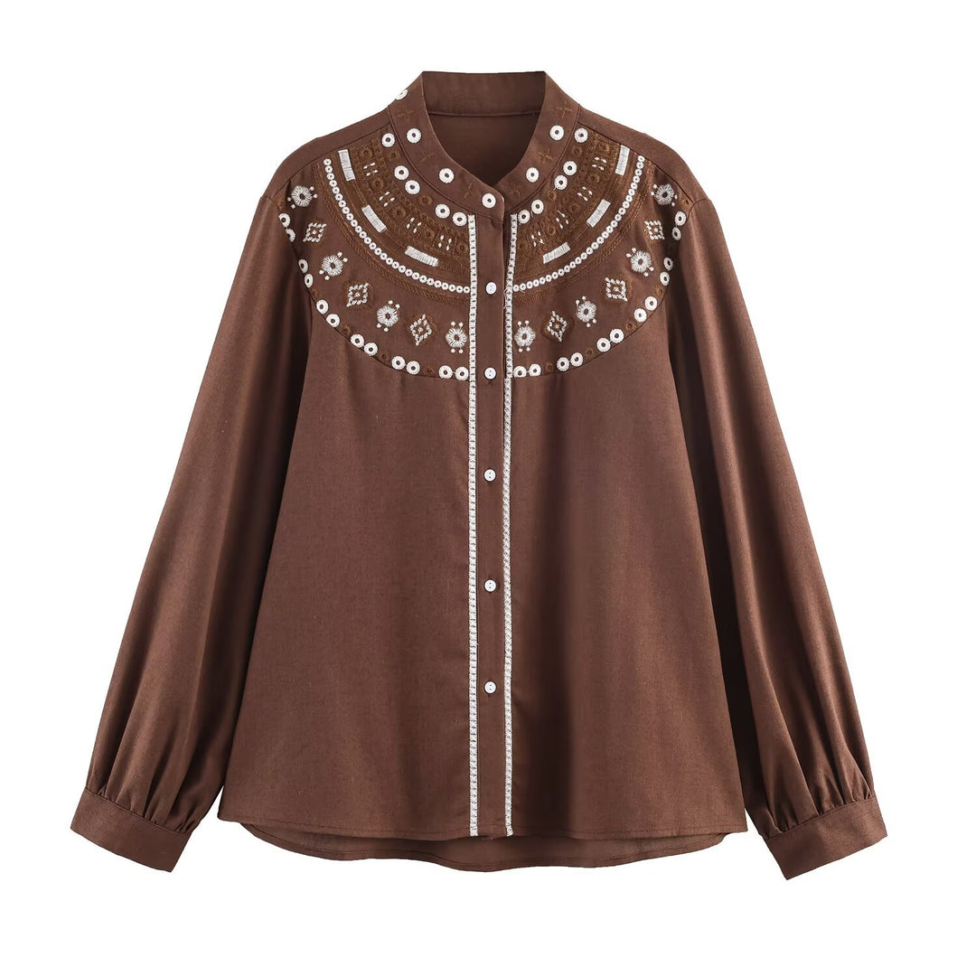 Women two-piece blouse and midi skirt set with embroidered yoke and sequins Mune Fashion