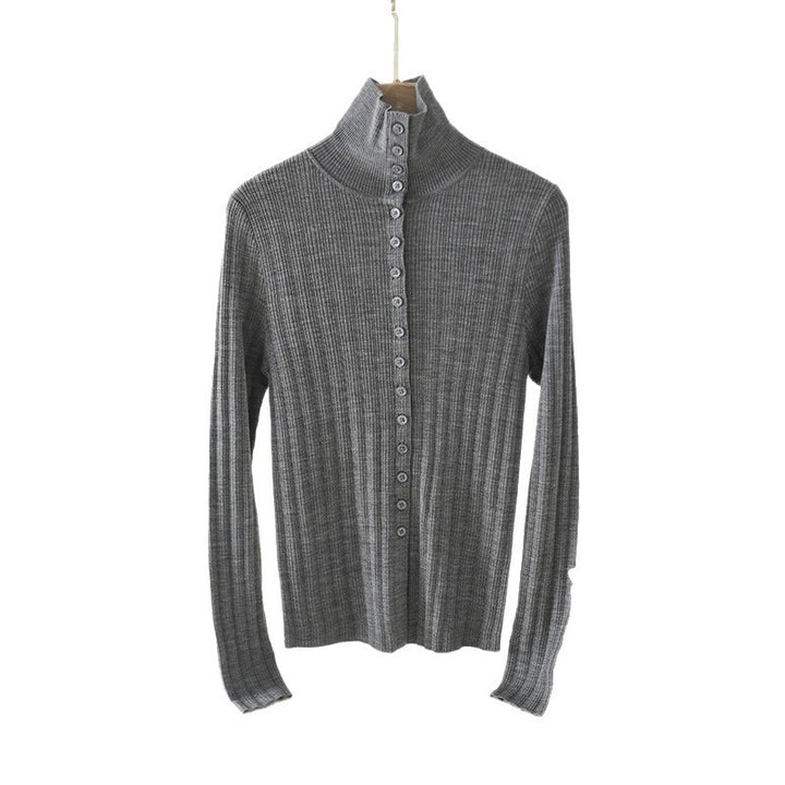 Women's Slim Ribbed Long Sleeve Cardigan with Concealed Button Placket and Stand-Up Collar Mune Fashion