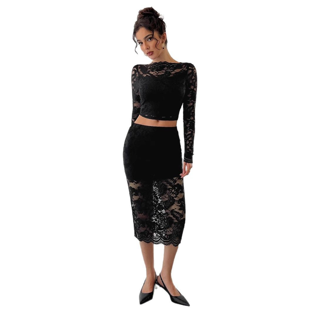 Ladies two-piece lace ensemble with cropped long sleeve top and fitted midi skirt Mune Fashion