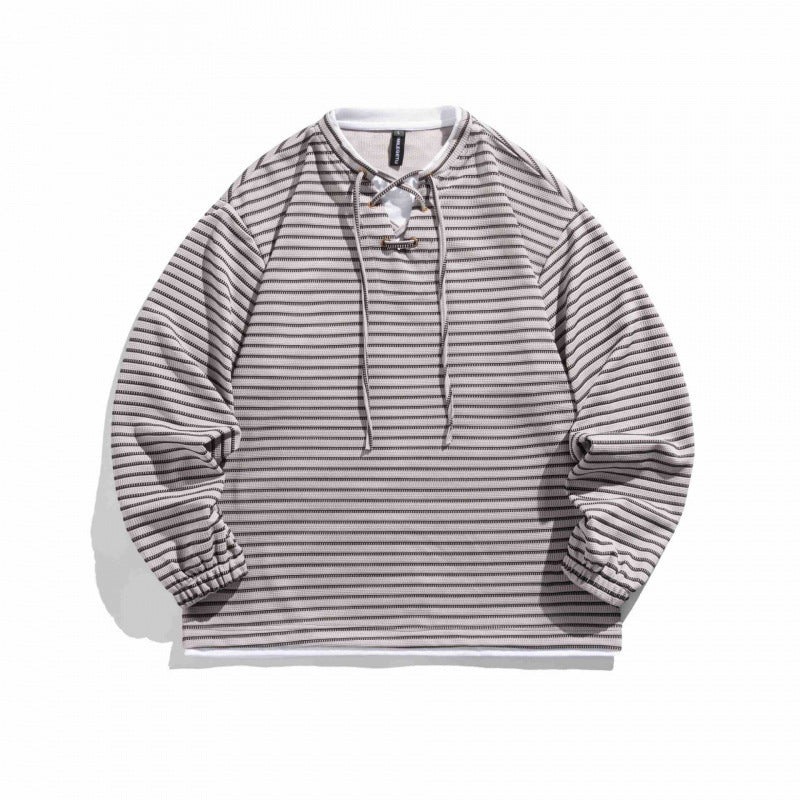 Unisex Striped Oversized Sweater with Lace Collar and Textured Knit Mune Fashion