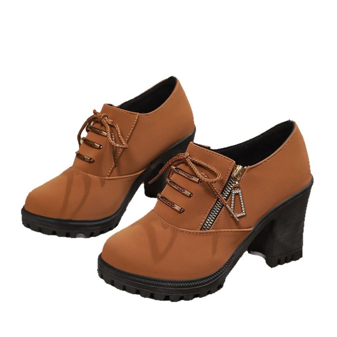 Women's elegant lace-up booties with sturdy block heel, side zipper, and decorative pendant Mune Fashion