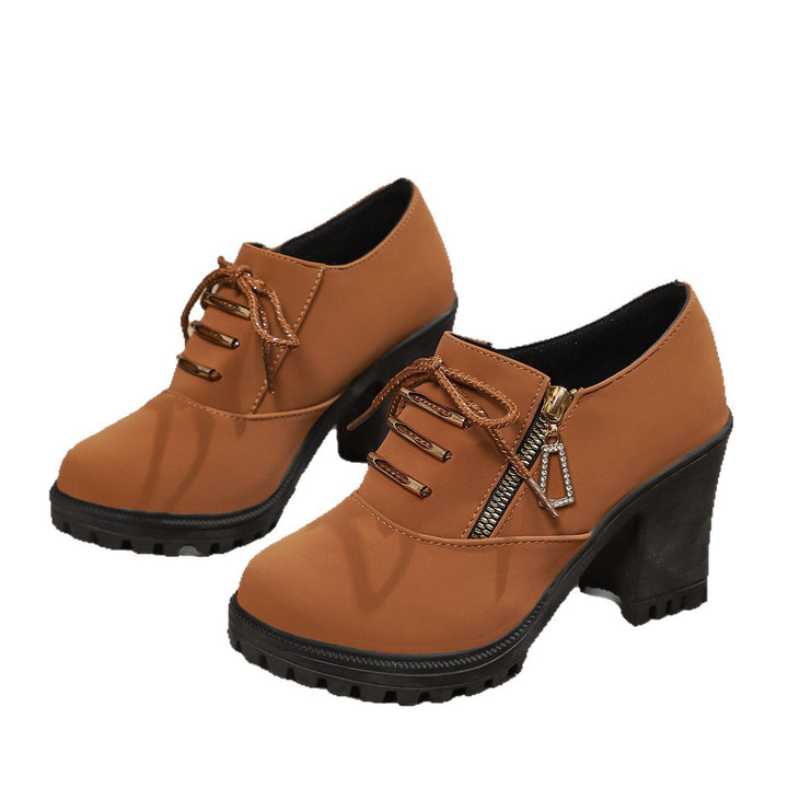 Women's elegant lace-up booties with sturdy block heel, side zipper, and decorative pendant Mune Fashion