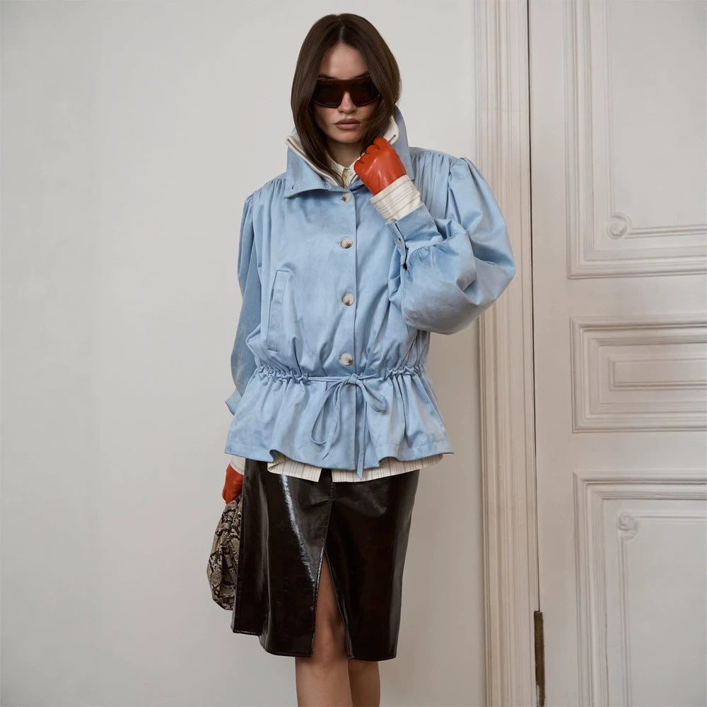 Women's short jacket with voluminous sleeves, drawstring waistband, and stand-up collar Mune Fashion