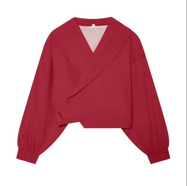 Women's 40+ Cropped Wrap Blouse with Oversized Balloon Sleeves and Asymmetrical Buckle Closure Mune Fashion