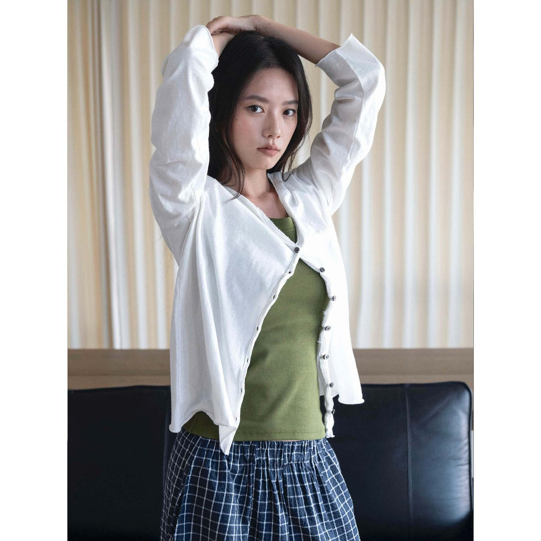 Ladies Fine Button Cardigan with Raw V-Neck Dress