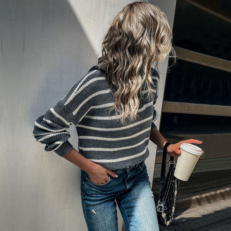 Women's Maritime Striped Sweater made of Chunky Knit with Short Hem and Stand-Up Collar Mune Fashion