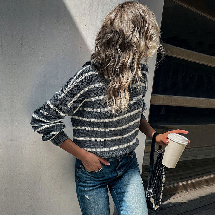 Women's Maritime Striped Sweater made of Chunky Knit with Short Hem and Stand-Up Collar Mune Fashion