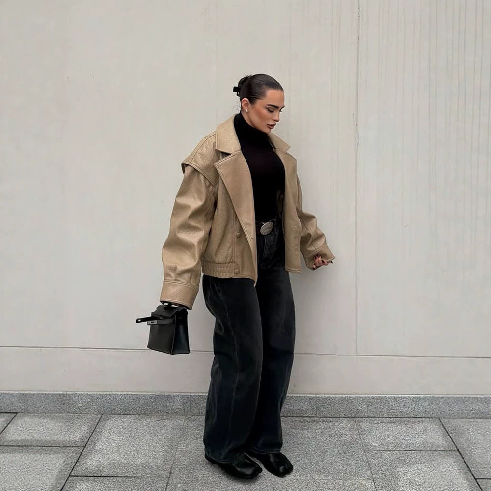 Women Oversize Faux Leather Bomber Jacket with Boxy Cut and Wide Lapel Mune Fashion
