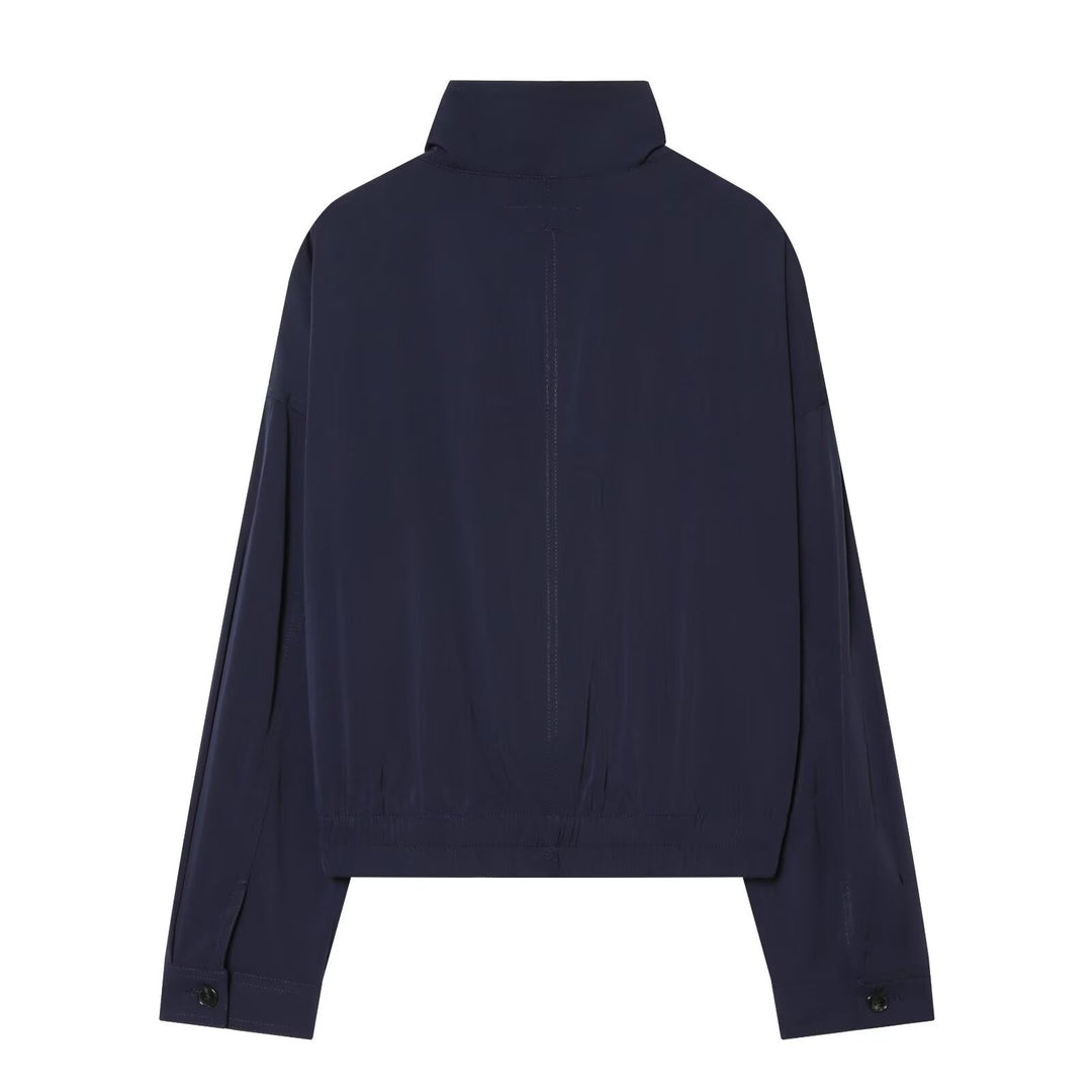 Women Cropped Bomber Jacket with Stand-up Collar, Full-Length Zipper and Applied Flap Pockets Mune Fashion