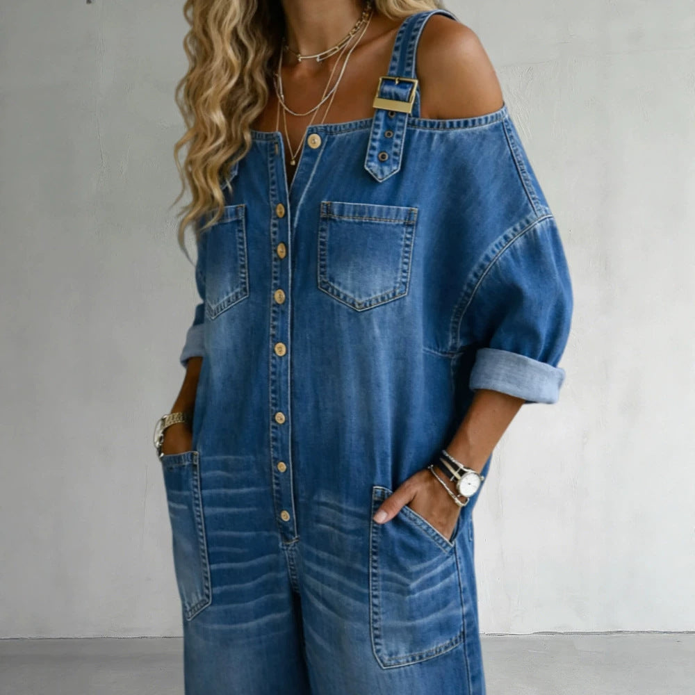 Women's Stylish Denim Overall with Off-Shoulder Design
