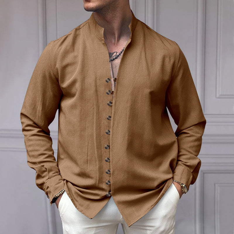 Men's elegant long-sleeve linen shirt with stand-up collar, asymmetrical button placket, and slim fit Mune Fashion