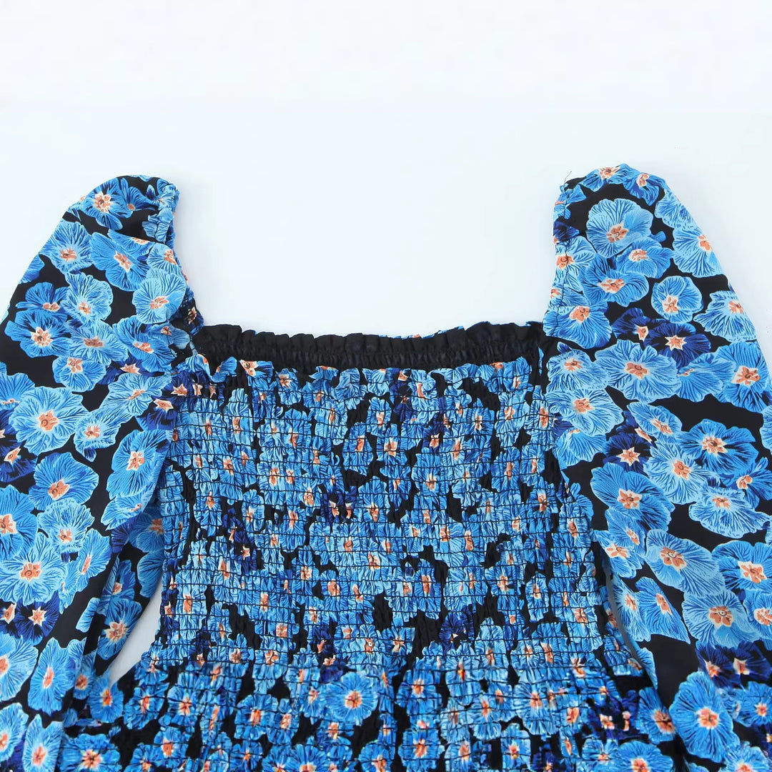 Women's Midi Dress with Shirred Bodice, Ruffled Hem and Long Balloon Sleeves Mune Fashion
