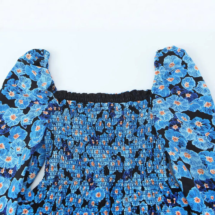Women's Midi Dress with Shirred Bodice, Ruffled Hem and Long Balloon Sleeves Mune Fashion