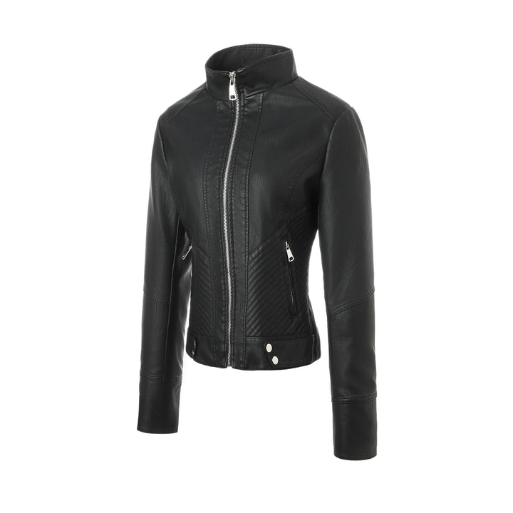 Women's Fashion Faux Leather Jacket with High Collar Mune Fashion