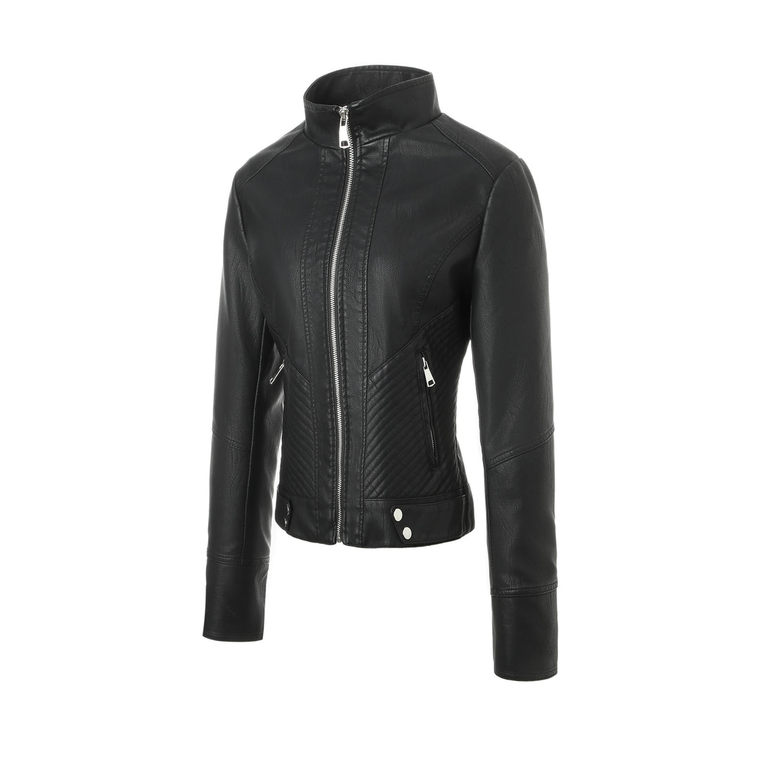 Women's Tailored Leather Jacket with Stand-Up Collar and Quilted Panels Mune Fashion