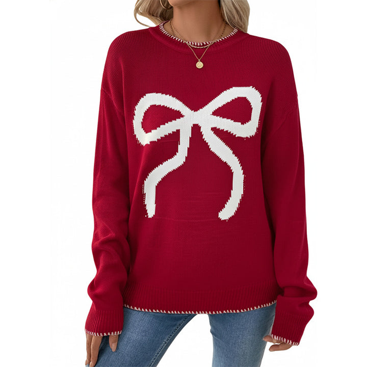 Women's Christmas Oversized Knit Sweater with Bow Motif and Ribbed Cuffs Mune Fashion