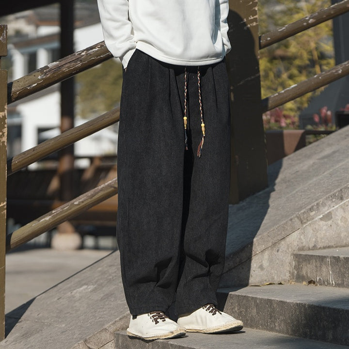 Men's Wide Cut Corduroy Trousers with Drawstring, Pleats and Relaxed Fit Mune Fashion