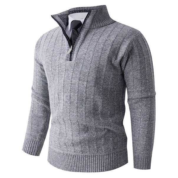 Men's fine knit half-zip pullover with high standing collar, ribbed and cable pattern Mune Fashion