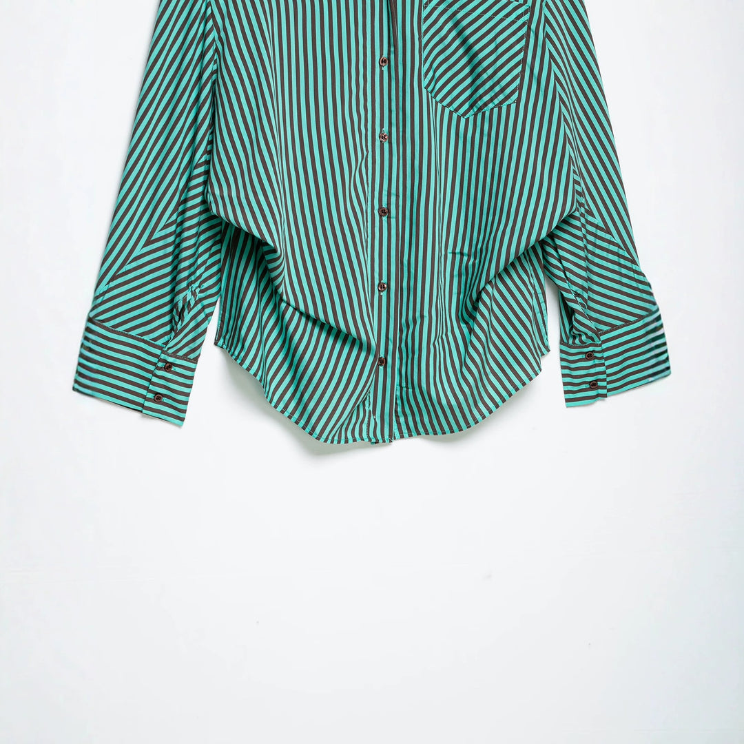 Women's Striped Oversized Shirt Blouse with Chest Pocket and Wide Cuffs Mune Fashion