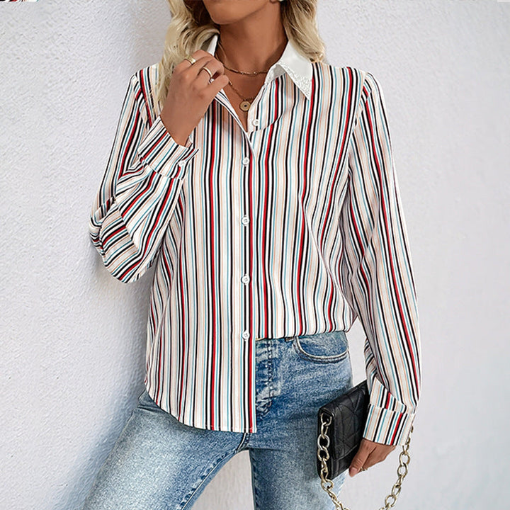Women Striped Shirt Blouse with Decorative Collar and Long Sleeve Cuffs Mune Fashion