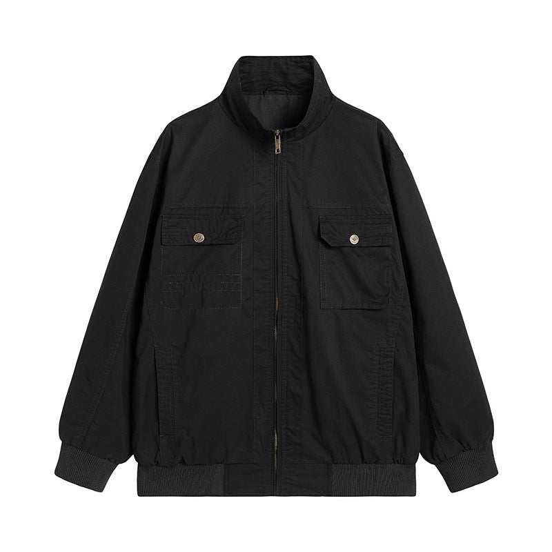 Men's Loose-Fitting Canvas Over Jacket with Stand-Up Collar and Flap Pockets Mune Fashion
